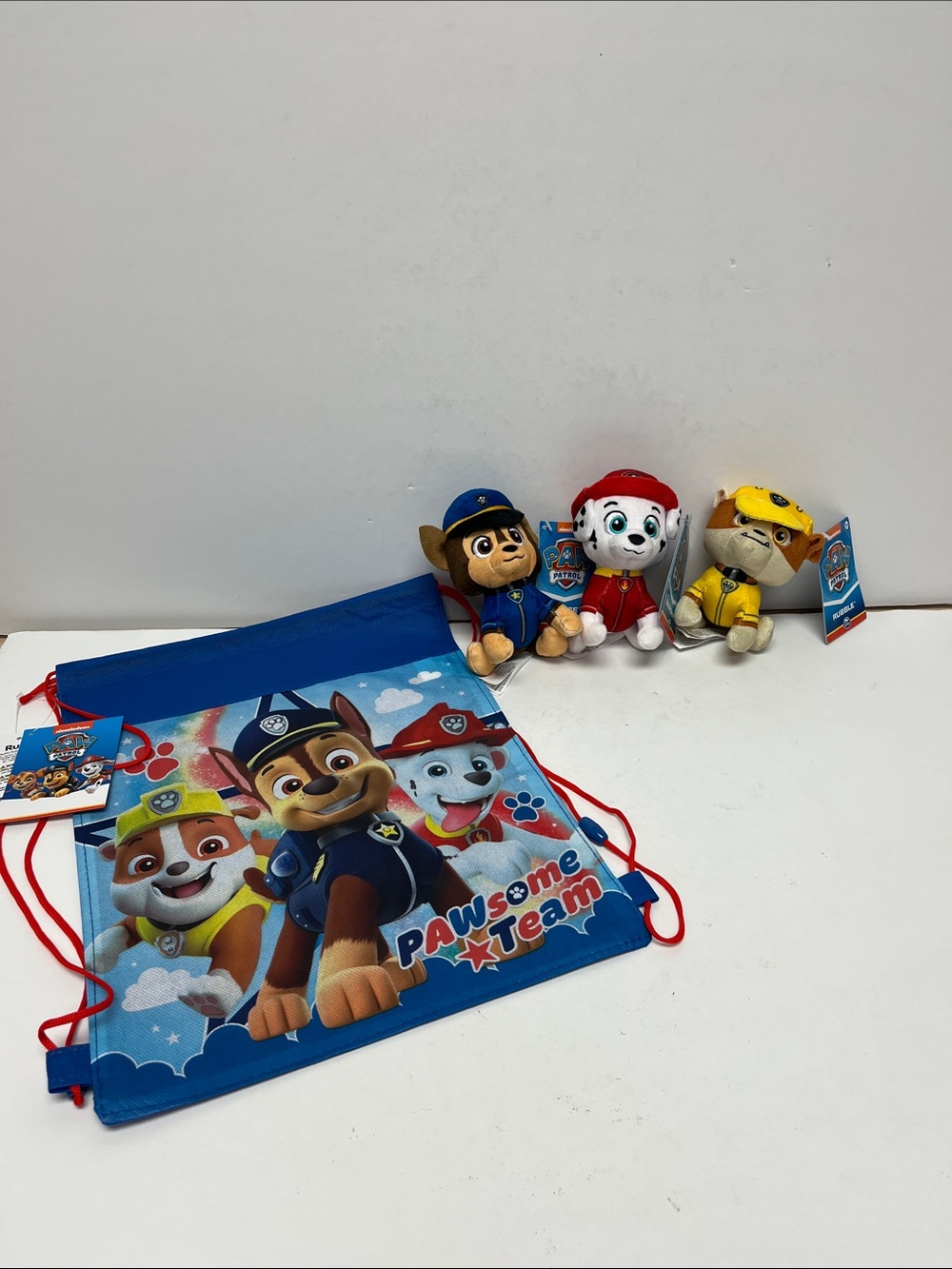 Paw Patrol Drawstring Backpack with Cord & Plush Pups - Marshall, Rubble, Chase